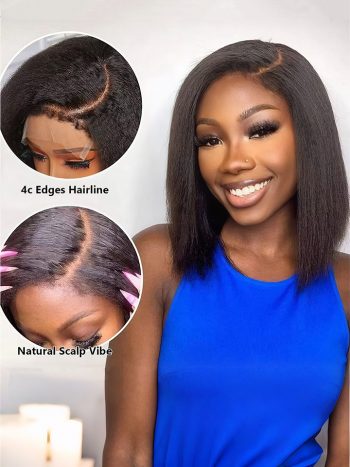 Kinky Straight Short Bob 4C Edges Hairline Glueless 6×5 HD Lace Wigs