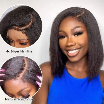 Kinky Straight Short Bob 4C Edges Hairline Glueless 6×5 HD Lace Wigs