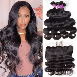 Virgin Human Hair Weave Brazilian Body wave Weave hair 4 Bundles With Lace Frontal