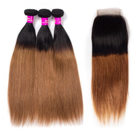 Brazilian Ombre 1B/30 Straight Hair Bundles With Lace Closure