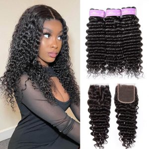 Brazilian Deep Wave Hair 3 Bundle Deals With Closure Virgin Hair Bundles With Closure