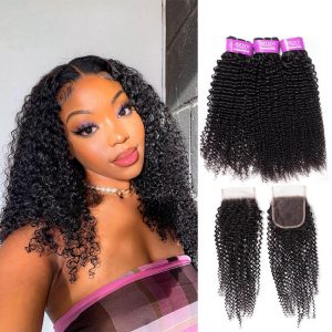 Kinky Curly Hair Weaves Bundles With Closure