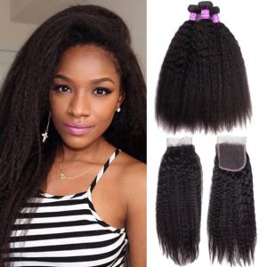 Brazilian Kinky Straight Hair With Lace Closure Virgin Human Hair 4 Bundles With Closure