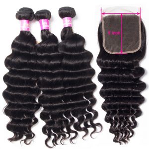 Brazilian Hair Weave Bundles With 5X5 Lace Closure Loose Deep Wave With Closure 3 Bundles Remy Human Hair Mscoco 10- 28 INCH