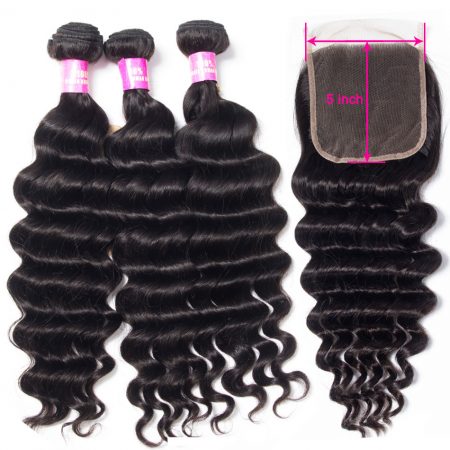 Brazilian Hair Weave Bundles With 5X5 Lace Closure Loose Deep Wave With Closure 3 Bundles Remy Human Hair Mscoco 10- 28 INCH