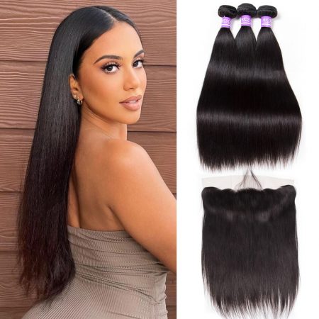 Straight Brazilian Human Hair Bundles With Transparent Lace Frontal 3 Bundles with Lace Closure