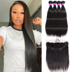 Brazilian Straight Human Hair Weave 4 Bundles With Virgin Human Hair Weave Lace Frontal