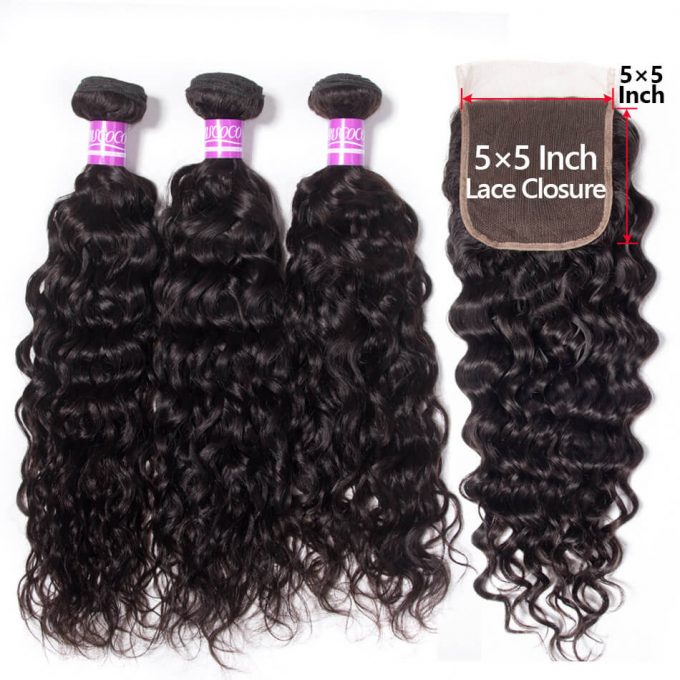 natural black hair water wave bundles with 5x5 closure