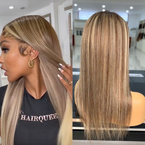 straight hair blonde highlights lace wig