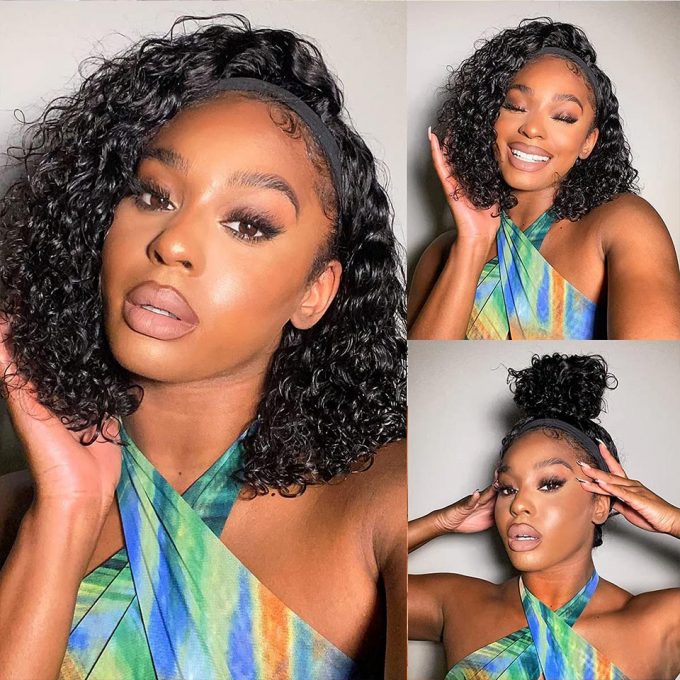 Headband Wig Deep Wave Short Hair