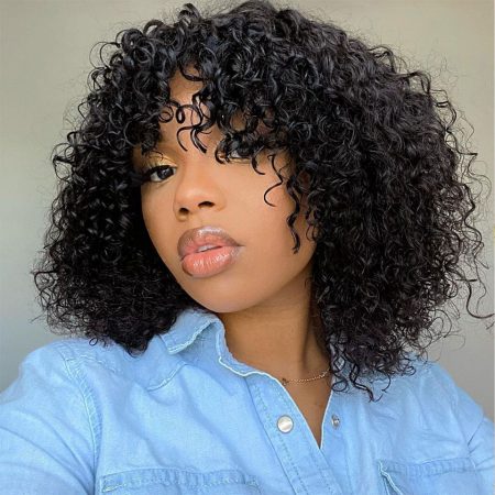 Short Curly Human Hair Bob Wig Glueless Machine Made Wig With Bangs