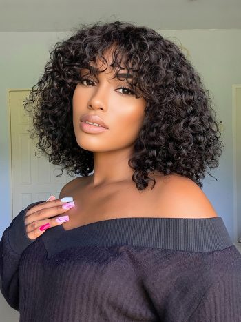 Glueless Water Wave Bob Wig With Bangs Machine Made Human Hair Wig