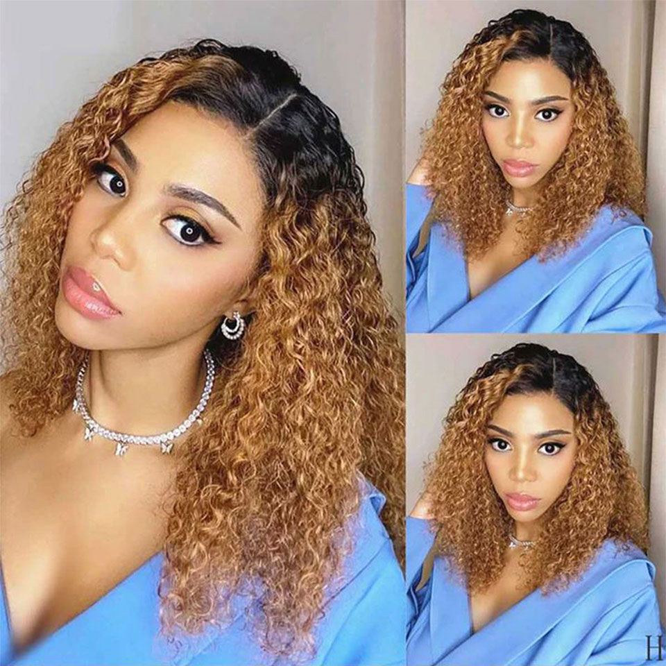 Ombre Color Wig Curly Human Hair Wig 1B/27 Lace Front Wig