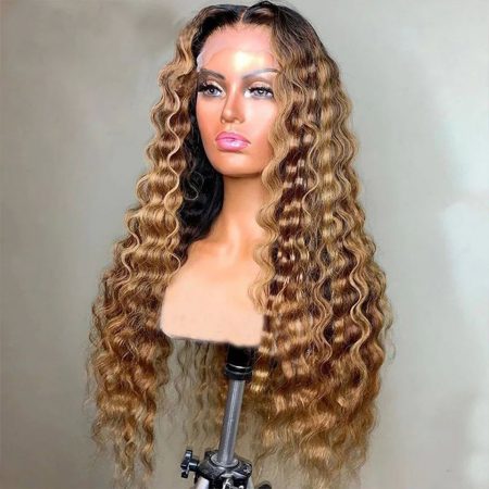 Glueless Ombre Highlight Honey Blonde With Dark Roots Loose Deep 6×5 13×4 HD Lace Wig