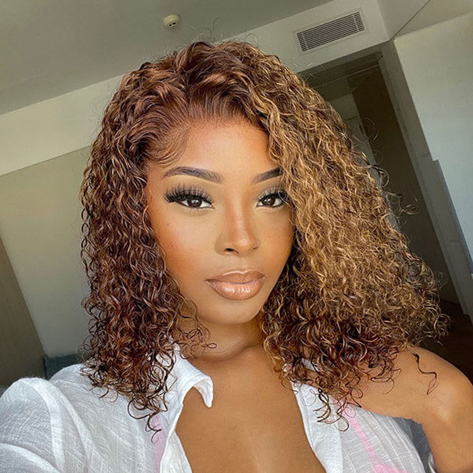 Mix Color Brown Short Curly Bob Highlight 13×4 HD Lace Front Wig