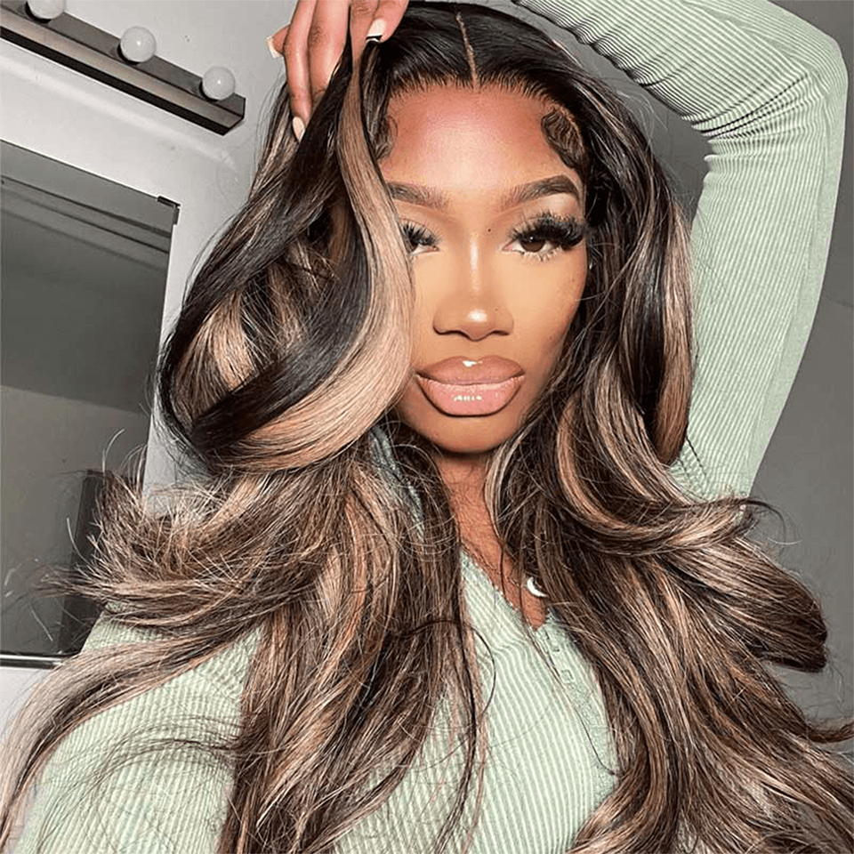 Glueless Hd Lace Wig Dark Brown with Blonde Highlights Body Wave