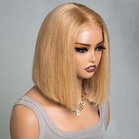 Glueless Honey Blonde Short Straight Bob 6x5 Pre Cut  HD Lace Front Wig 180% Density