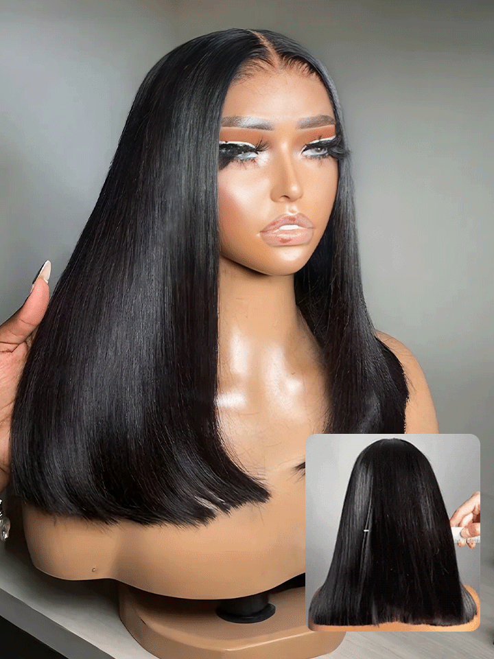 Blunt Cut Double Drawn Straight Glueless Wig Shoulder Length 6x5 Pre Cut HD Lace Wigs