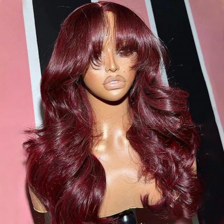 Curtain Bangs 99J Burgundy Body Wave Wig Glueless 6×5 Pre-Cut HD Lace Wig