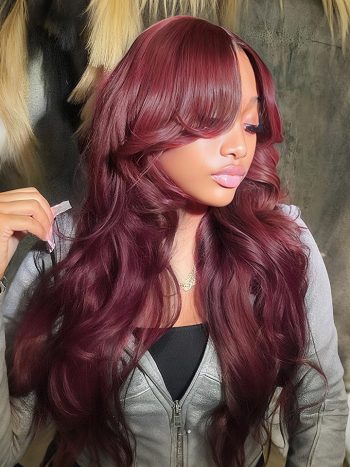 Curtain Bangs 99J Burgundy Body Wave Wig Glueless 6×5 Pre-Cut HD Lace Wig