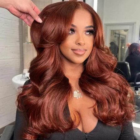 Reddish Brown Face-Framing Curtain Bangs 6x5 Pre Cut HD Lace Wig Body Wave Wigs