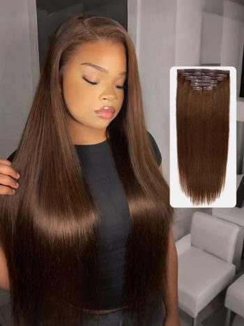 Dark Brown Clip In Hair Extensions Straight Real Human Hair Seamless Blend 7pcs/pack