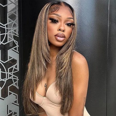 Layer Cut Straight Glueless Wig Honey Blonde Highlight Color 6×5 Pre-cut HD Lace Wig