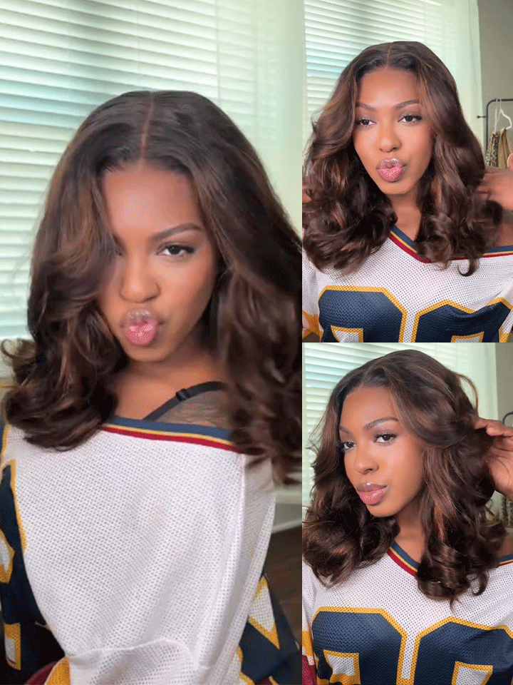 Butterfly Haircut Highlight Brown Loose Wave Glueless Pre-Cut 6×5 Lace Closure Wigs