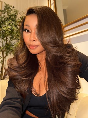 Butterfly Layered Cut Loose Wave Dark Brown / Burgundy Color Pull Go Glueless 6×5 Lace Wig 250%