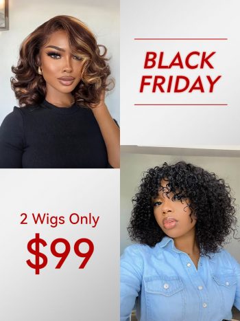2 Wigs $99 | Highlight Loose Body Wave 6×5 Lace Wig 12″+10″ Curly Bob Wig With Bang