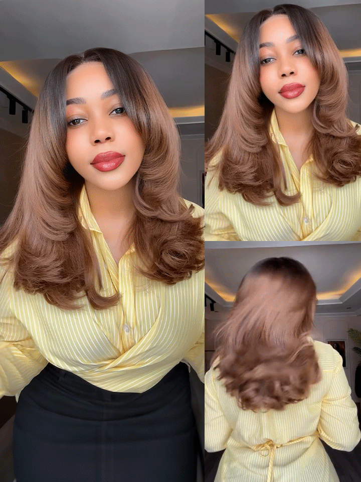 Butterfly Layered Haircut Ombre Brown Color 6×5 Pull Go Glueless Wig