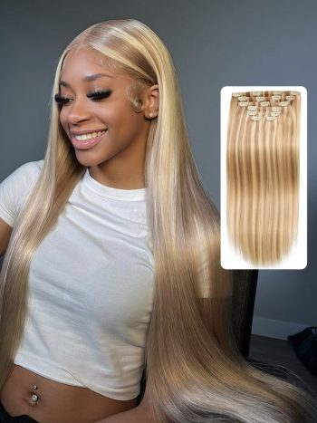 Blonde Highlight Seamless Clip In Hair Extensions Straight Virgin Human Hair 7pcs/pack