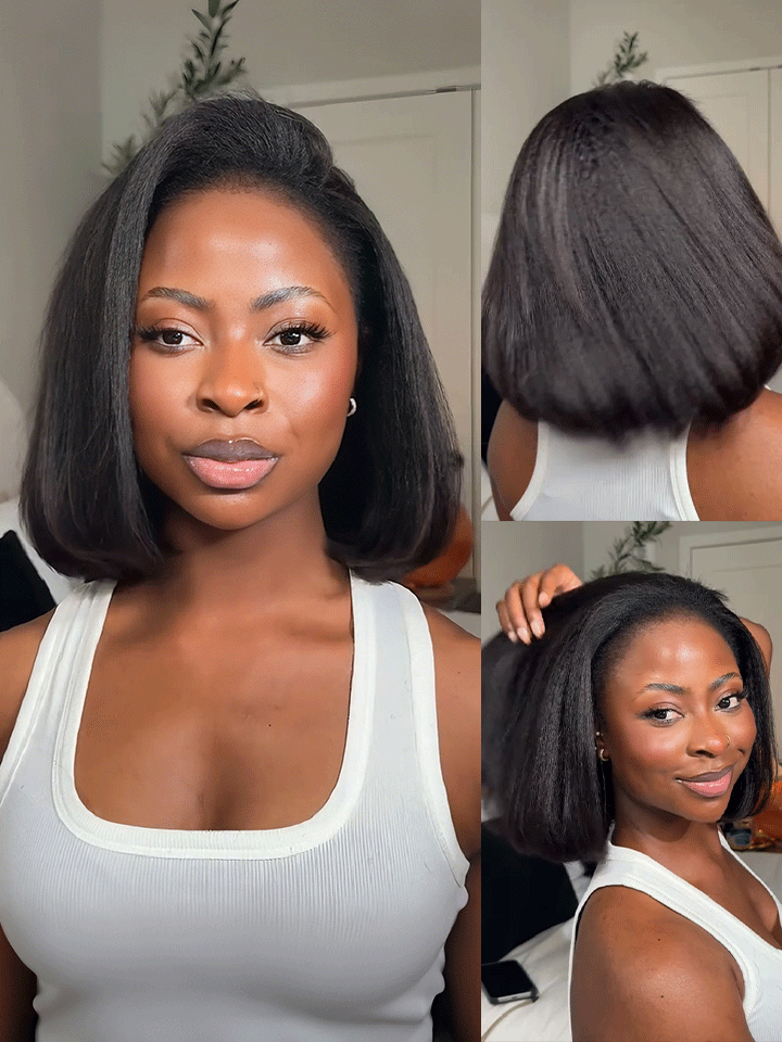 Kinky Straight Bob Half Wig Flip Over Install Human Hair Glueless Wig