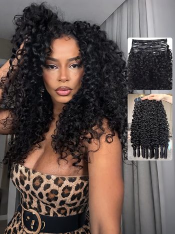 Seamless Clip In Hair Extension Burmese Curly Human Hair 7pcs/pack Natural Black Color