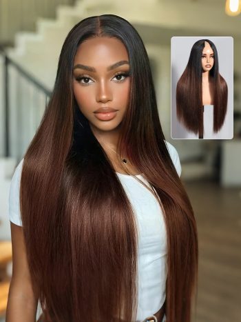 Ombre Brown Yaki Straight V Part Wig Minimal Leave Out Edges Protective Human Hair Wig