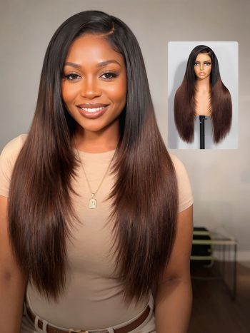 Ombre Brown Yaki Straight Wig With Layers C-Side Part Pull Go Glueless 6×5 Lace Wig