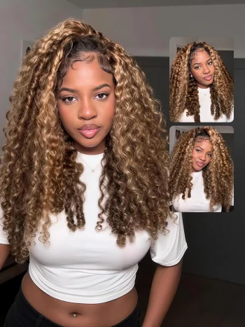 Highlight Honey Blonde Burmese Curly Half Wig With Spiral Curly Ends Full & Voluminous 250% Density