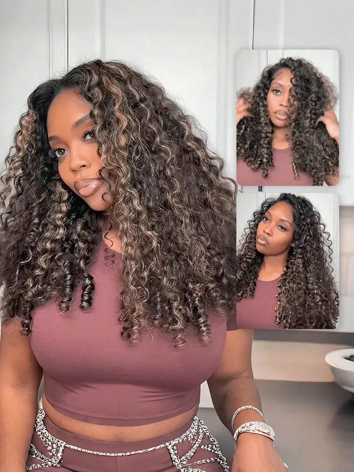Balayage Highlight Burmese Curly Half Wig With Spiral Curly Ends Flip Over Human Hair